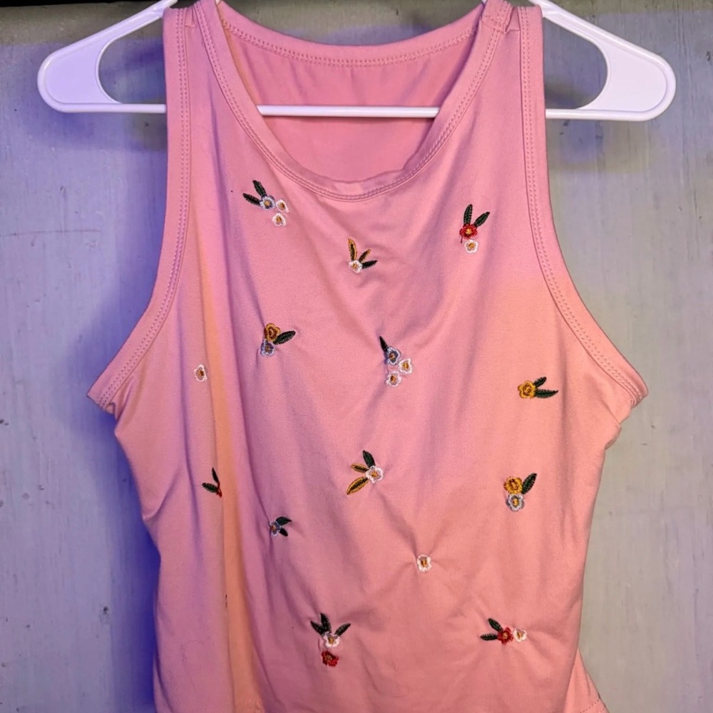 SHEIN Pink Embroidered Floral Tank Top
